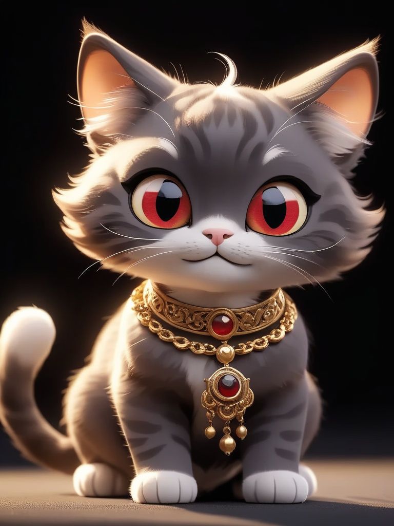 pixar, cat, looking at viewer, jewelry, :3, blurry, black background, gold, solo, animal, simple background, no humans, smile, red eyes, <lora:EMS-30003-EMS:1>