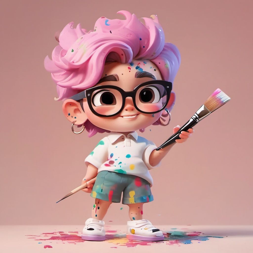 MG_ip,Pixar,1boy, solo, male focus, glasses, holding, chibi, paint, earrings, smile, jewelry, brown hair, paint splatter on face, pants, pink hair, paintbrush, looking at viewer, paint splatter, black eyes, short hair, holding paintbrush, standing, undercut, full body, palette \(object\), closed mouth, gradient background, black-framed eyewear, shirt, black footwear, gradient, round eyewear, painting, <lora:EMS-29950-EMS:1.2>