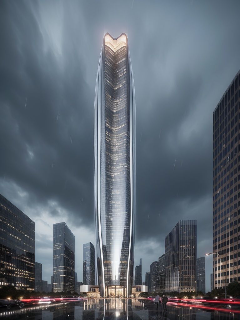 talou01，a very tall building with a lot of windows on it's side in the rain with a lot of people walking around，masterpiece, best quality, <lora:talou01:0.9>
