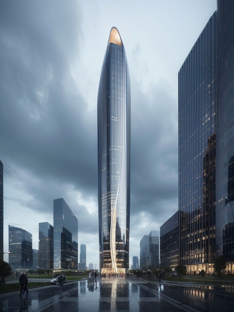 talou01，a very tall building with a lot of windows on it's side in the rain with a lot of people walking around，masterpiece, best quality, <lora:talou01:0.8>