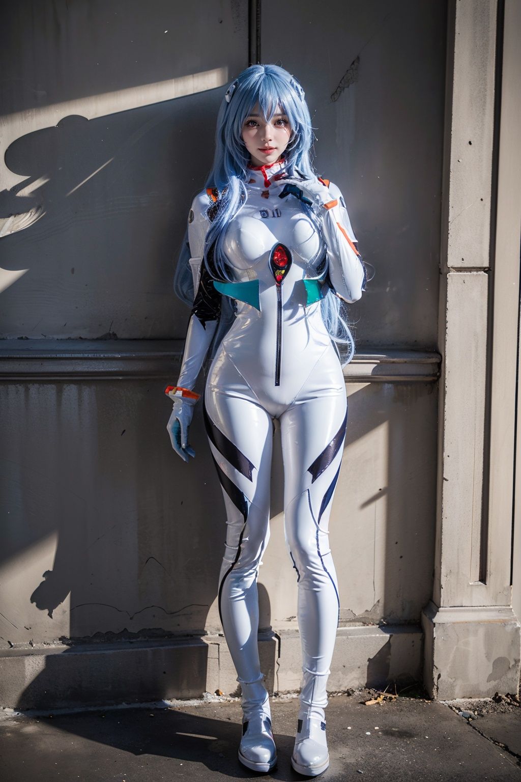 best quality, masterpiece, realistic, (photorealistic:1.4), 1girl, solo, full body, looking at viewer, smile, standing, ayanami cosplay costume, cosplay, long hair, bodysuit, skin tight, hairpods, wall, hand up, <lora:ayanami_longhair_plugsuit_cosplay_costume_v1:0.7>