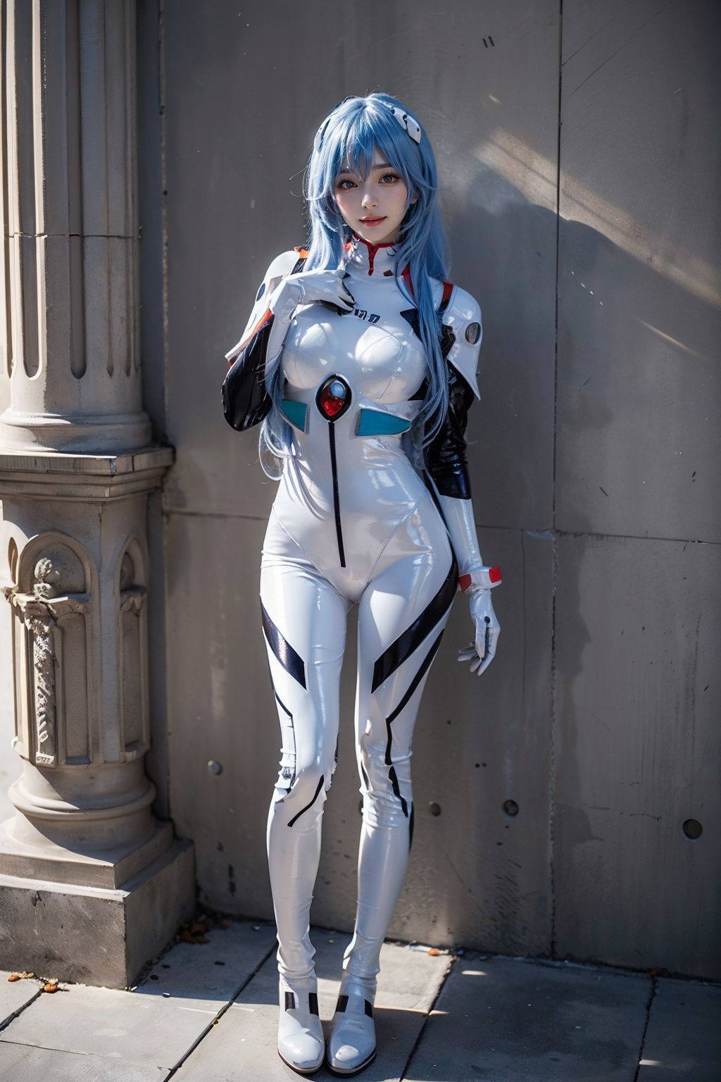 best quality, masterpiece, realistic, (photorealistic:1.4), 1girl, solo, full body, looking at viewer, smile, standing, ayanami cosplay costume, cosplay, long hair, bodysuit, skin tight, hairpods, wall, hand up, <lora:ayanami_longhair_plugsuit_cosplay_costume_v1:0.7>