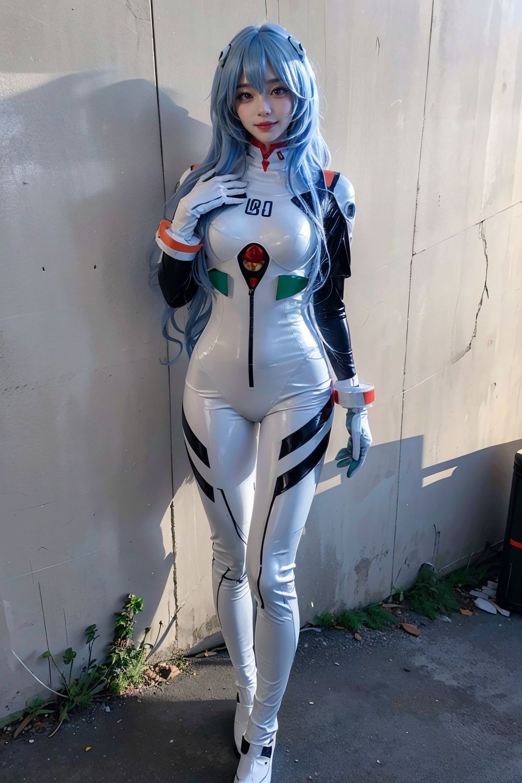 best quality, masterpiece, realistic, (photorealistic:1.4), 1girl, solo, full body, looking at viewer, smile, standing, ayanami cosplay costume, cosplay, long hair, bodysuit, skin tight, hairpods, wall, <lora:ayanami_longhair_plugsuit_cosplay_costume_v1:0.7>