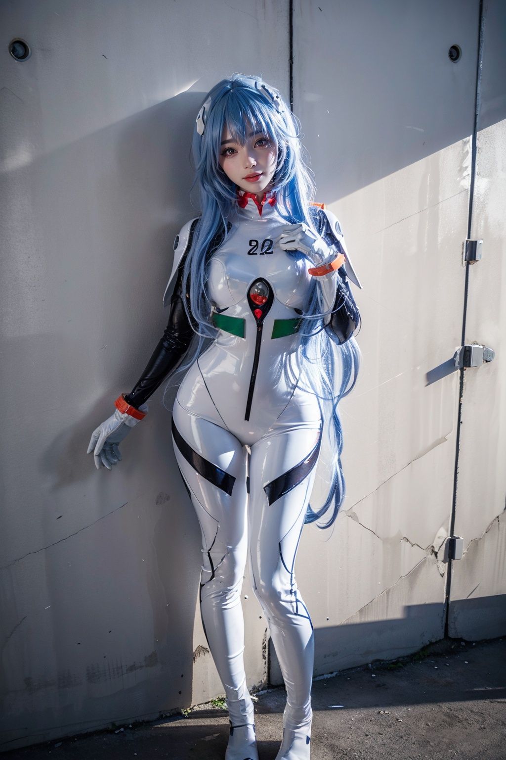best quality, masterpiece, realistic, (photorealistic:1.4), 1girl, solo, full body, looking at viewer, smile, standing, ayanami cosplay costume, cosplay, long hair, bodysuit, skin tight, hairpods, wall, <lora:ayanami_longhair_plugsuit_cosplay_costume_v1:0.7>