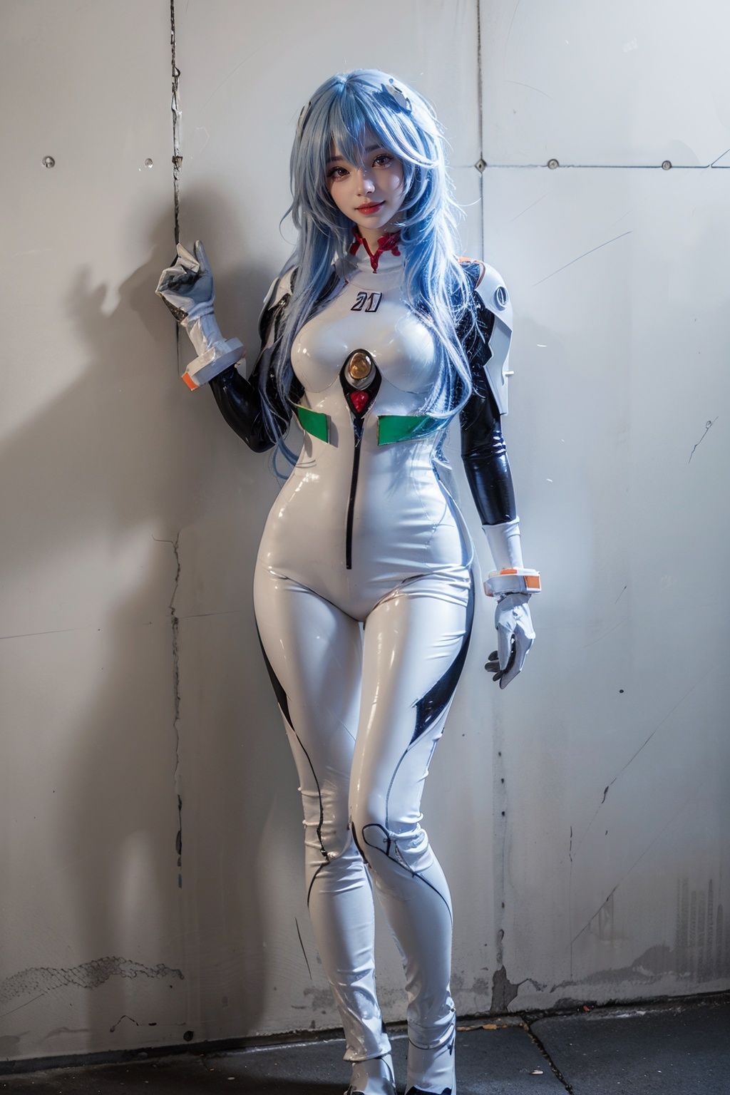 best quality, masterpiece, realistic, (photorealistic:1.4), 1girl, solo, full body, looking at viewer, smile, standing, ayanami cosplay costume, cosplay, long hair, bodysuit, skin tight, hairpods, wall, <lora:ayanami_longhair_plugsuit_cosplay_costume_v1:0.7>