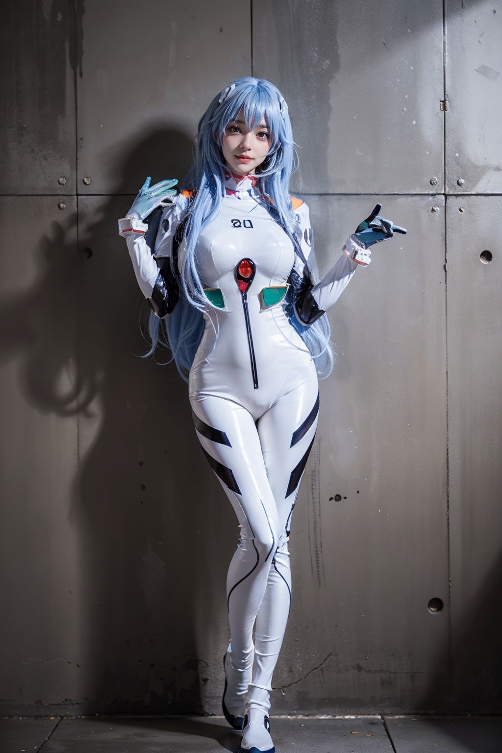 best quality, masterpiece, realistic, (photorealistic:1.4), 1girl, solo, full body, looking at viewer, smile, standing, ayanami cosplay costume, cosplay, long hair, bodysuit, skin tight, hairpods, wall, hand up, <lora:ayanami_longhair_plugsuit_cosplay_costume_v1:0.7>