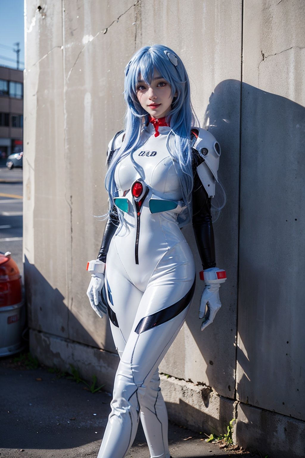 best quality, masterpiece, realistic, (photorealistic:1.4), 1girl, solo, full body, looking at viewer, smile, standing, ayanami cosplay costume, cosplay, long hair, bodysuit, skin tight, hairpods, wall, <lora:ayanami_longhair_plugsuit_cosplay_costume_v1:0.7>