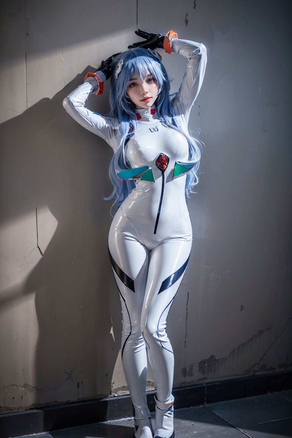 best quality, masterpiece, realistic, (photorealistic:1.4), 1girl, solo, full body, looking at viewer, smile, standing, ayanami cosplay costume, cosplay, long hair, bodysuit, skin tight, hairpods, wall, arms up, <lora:ayanami_longhair_plugsuit_cosplay_costume_v1:0.7>