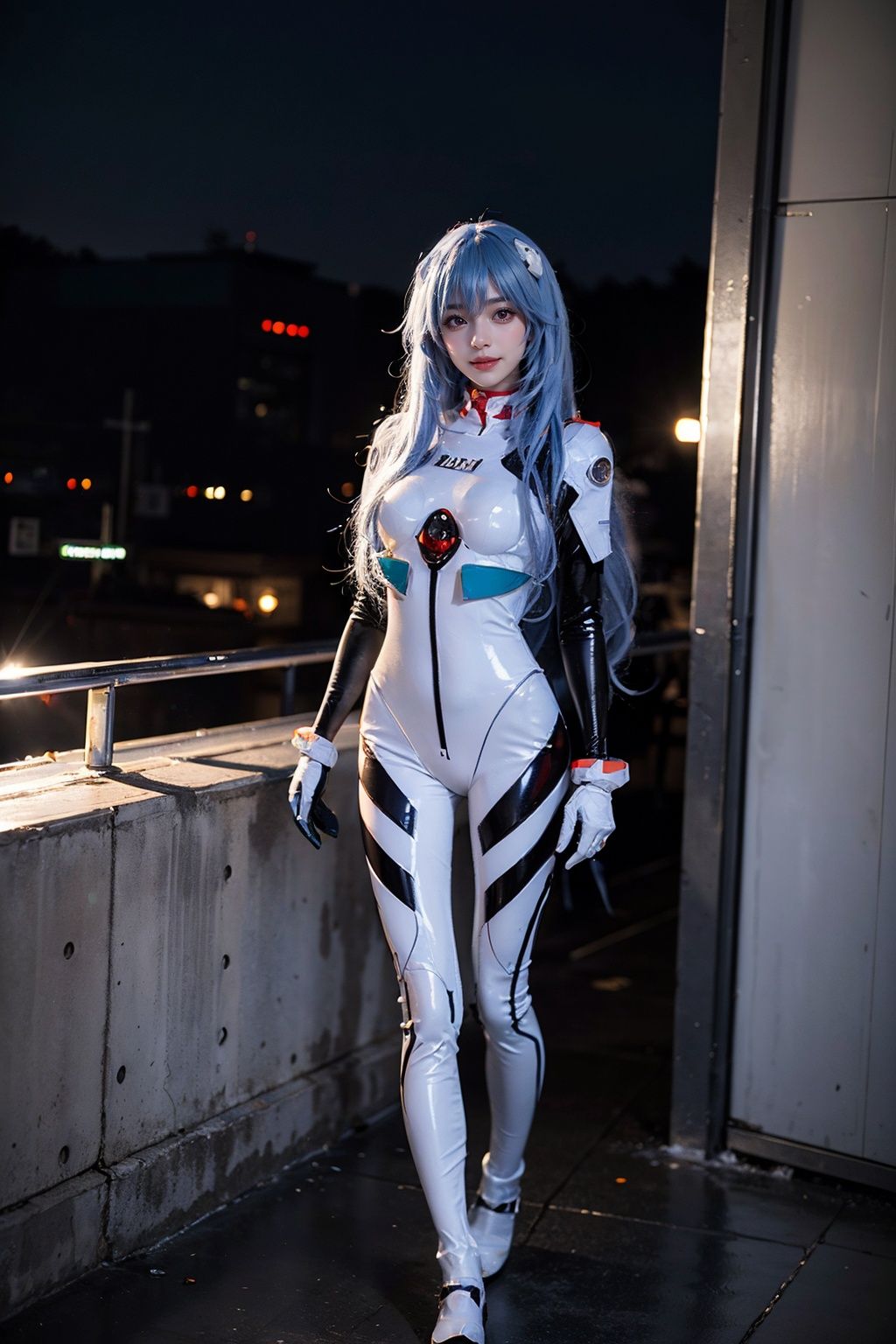 best quality, masterpiece, realistic, (photorealistic:1.4), 1girl, solo, full body, looking at viewer, smile, standing, ayanami cosplay costume, cosplay, long hair, bodysuit, skin tight, hairpods, wall, night, <lora:ayanami_longhair_plugsuit_cosplay_costume_v1:0.7>