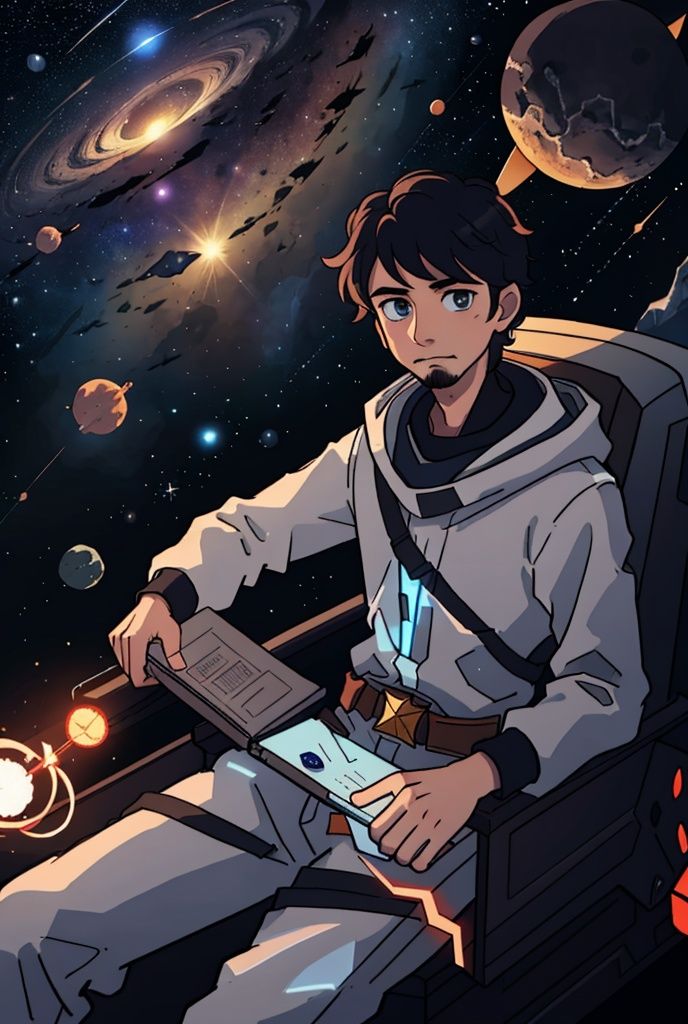 Draw a young programmer,  sitting on a research platform floating in the middle of an asteroid belt. He is studying with a...