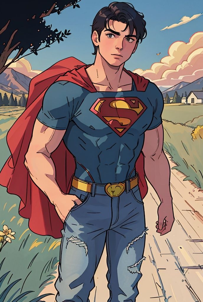 portrait of an 18 year old muscular young man from the 1890s,  superman t-shirt,  blue jeans on Tensor.Art