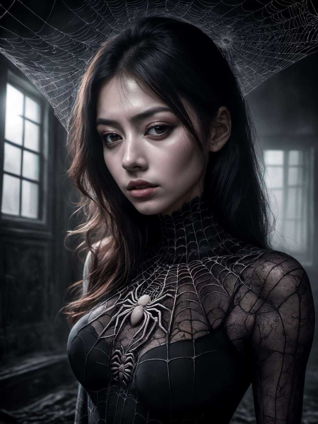 a realistic and detailed Spider web skin on woman in haunted house ,  realistic style,  infinite ultra high definition ima...