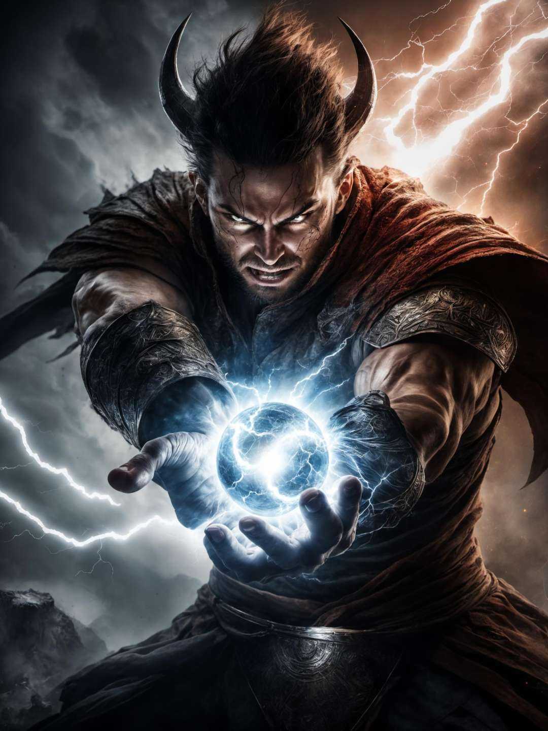 realistic and detailed   ball of energy in a hand of a powerful warrior who faces a demon,   realistic style,   infinite ultra high definition image quality and rendering, infinite image detail,  infinite realistic render,  infinite realistic lightning