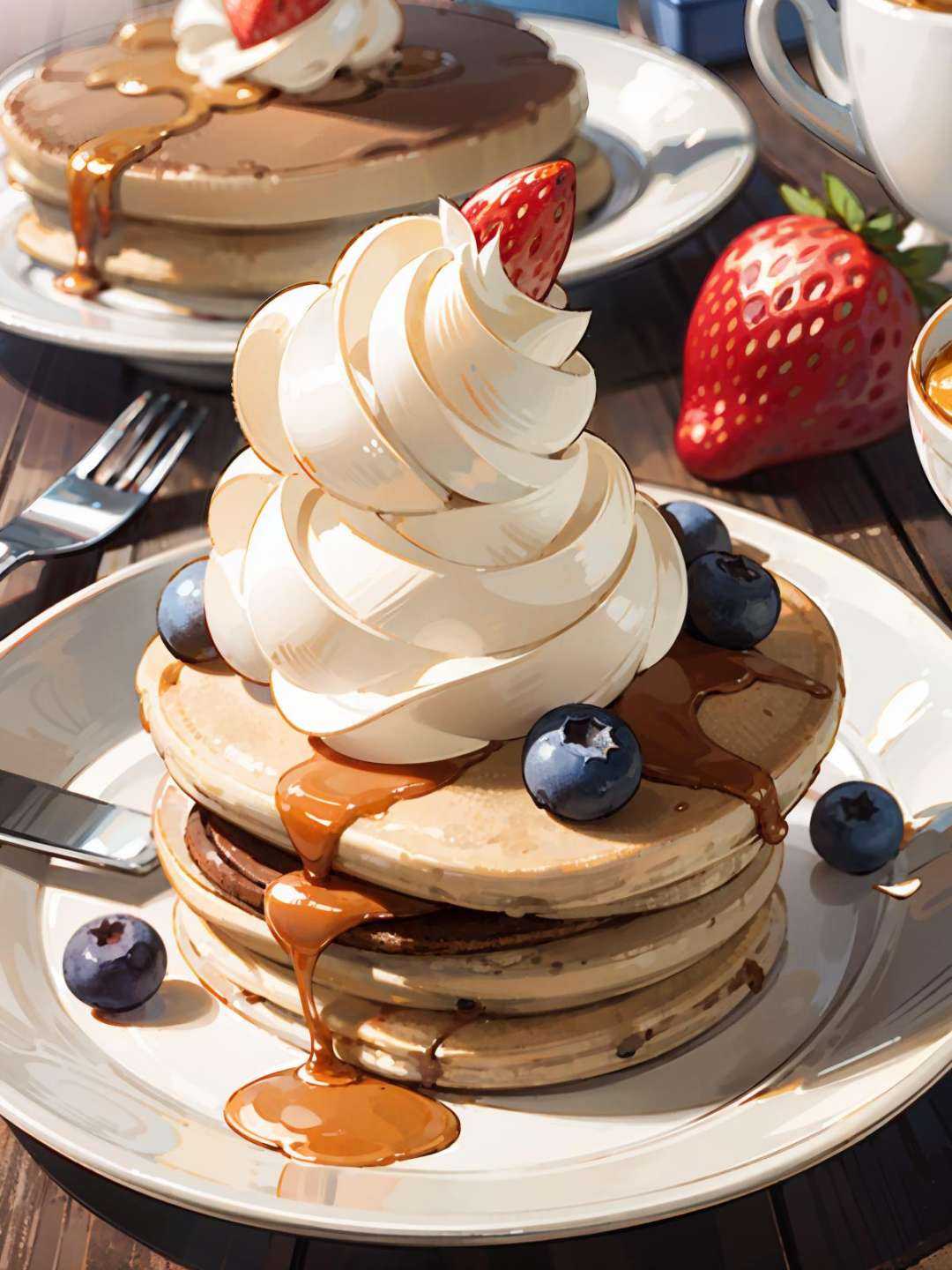 no humans, plate, pancake, honey, whipped cream, strawberry, blueberry, 