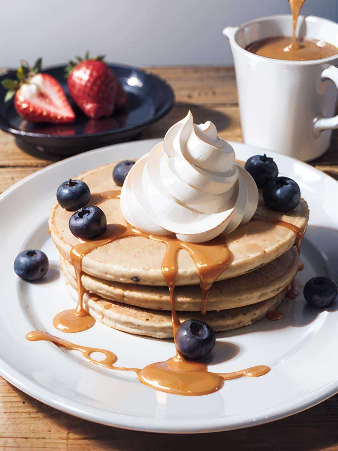 no humans, plate, pancake, honey, whipped cream, strawberry, blueberry, 
