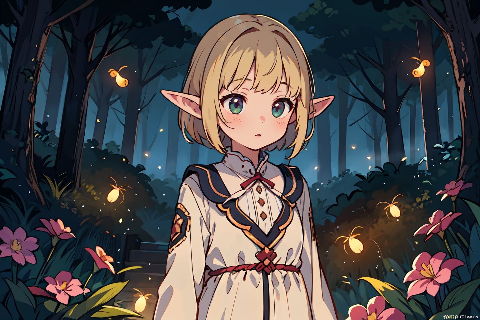 by Hayao Miyazaki,  Ghibli style,  at night,  on a rainy day,  under a bell orchid shaped streetlight,  a cute little girl and a cute forest elf,  with delicate skin,  delicate facial features,  cute clothing,  (((chasing fireflies))) . Behind them are ((a deep fantasy filled art forest background)),  psychedelic dreams,  (((glowing fireflies))),  (delicate raindrops),  glowing plants,  volumetric lighting,  ray tracing,  lighting effects,  shining points,  (Mist),  8K,  2D animation rendering,  Perfect Shadows,  High Resolution