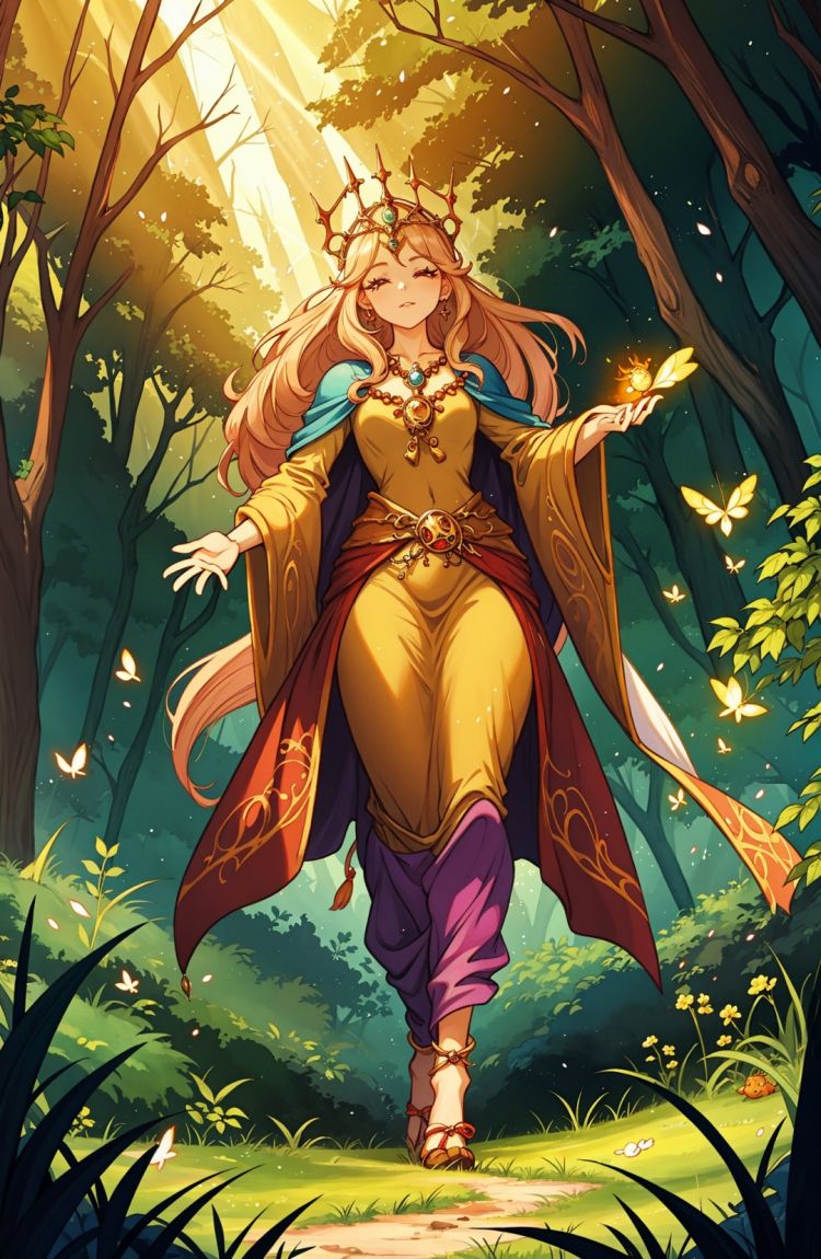 (by brian froud:1.3), ultra-high resolution, dreamy perspective, a lady finds herself in a fantastic forest with towering trees radiating a mysterious light from their canopies. She walks down a path and encounters magical creatures and breathtaking plants, glowing fireflies on the grass and surrounded by glowing rubies, BREAK, ultra detail, frosty anime stye,by CGArt_Firefly