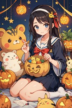 chick,too_many,stuffed_toy,stuffed_animal,stuffed_cat,:3,dog,hamster,teddy_bear,cat,ghost,bird,pokemon_\(creature\),kero,pumpkin,pikachu,jack-o'-lantern,bear,Kamado_Nezuko,WZRYbuzhihuowuYP,sailor moon,1girl,女帝,One piece