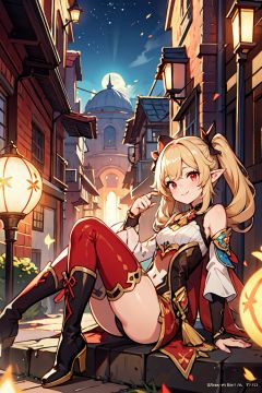1 cute girl\(lovely,smile,blonde hair,long sleevesdress,low twintails,red eyes,pointy ears,long hair,knee boots,ribbed legwear\),dodoco \( jumpy dumpty,charm object,Natural skin texture,ultra-realistic realism,the soft light,sharp\), masterpiece,best quality,best shadow,official art,unity 8k wallpaper,ultra detailed,cinematic lighting,klee (genshin impact)