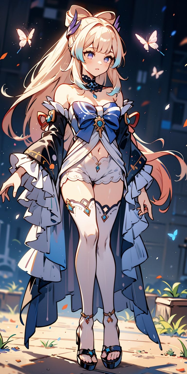 a 18 yo girl, She has long, pale salmon pink hair and light indigo eyes with no pupil and a large white highlight at the top of her iris. her hair is styled in a high ponytail that divides itself in two at the top. Her hair is accessorized with an indigo ornament that resembles fins, each side curving around the top of her ponytail.Her attire consists of an off-the-shoulder navy-blue kimono-like coat with paler blue swirling accents that resemble waves at the bottom of her tamoto sleeves. She wears a low cut white-lilac bodysuit under her coat ending with shorts with a scalloped hem. Attached on her chest is a large indigo bow with her Hydro Vision mounted at the center alongside two purple ribbons.Her footwear consists of geta sandals. Her accessories consist of white-lilac half gloves with scalloped edges and a navy-blue and light lilac choker with turquoise gemstones hanging from the bottom.her legs open up,show us her ***** clearly.,spread *****,(Natural skin texture,ultra-realistic realism,the soft light, sharp),masterpiece, best quality, best shadow,official art, unity 8k wallpaper, ultra detailed,zentangle, mandala, tangle, entangle
,yuyao,Leg,汉服,girl,2girls,1 girl,yoimiya \(genshin impact\),shenhe \(genshin impact\),,nahida \(genshin impact\),swing,sitting,full body,kokomidef,butterfly
