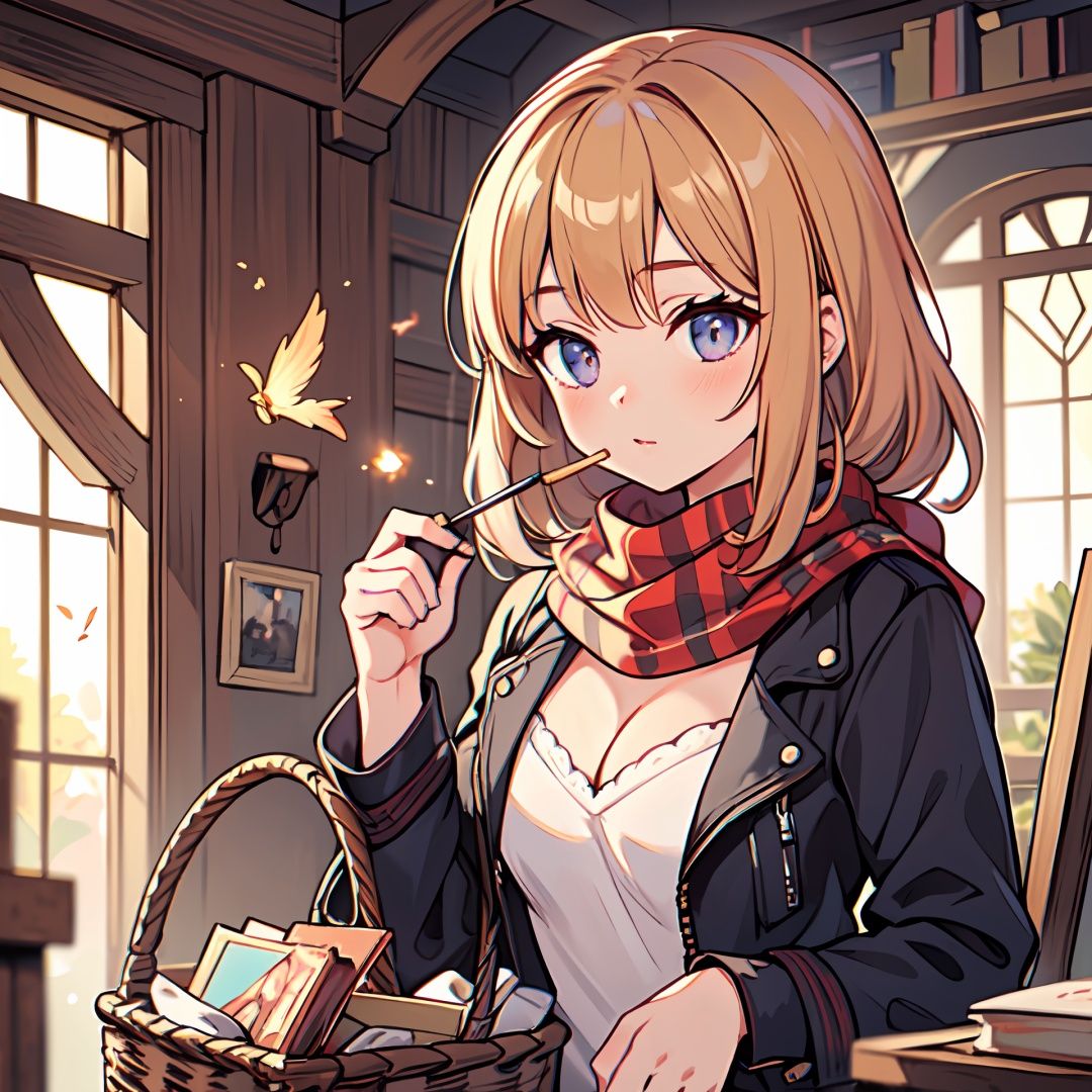 1 girl, stunning appearance, eager eyes, wearing a scarf, down jacket, cleavage, holding a box of matches in hand, carrying a basket, close-up, fairy tale, masterpiece, best quality, master work, high-definition, rich details, 8k