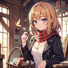 1 girl, stunning appearance, eager eyes, wearing a scarf, down jacket, cleavage, holding a box of matches in hand, carrying a basket, close-up, fairy tale, masterpiece, best quality, master work, high-definition, rich details, 8k