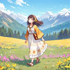 a girl\(full body, bohemian style, flowing dresses, layered clothing, earthy colors, fringe accessories, ethnic prints, natural fabrics\),  walking along flower field in a sunny shiny day, Looking up at the sky, there are snow-mountains in the distance,masterpiece, ultra detailed