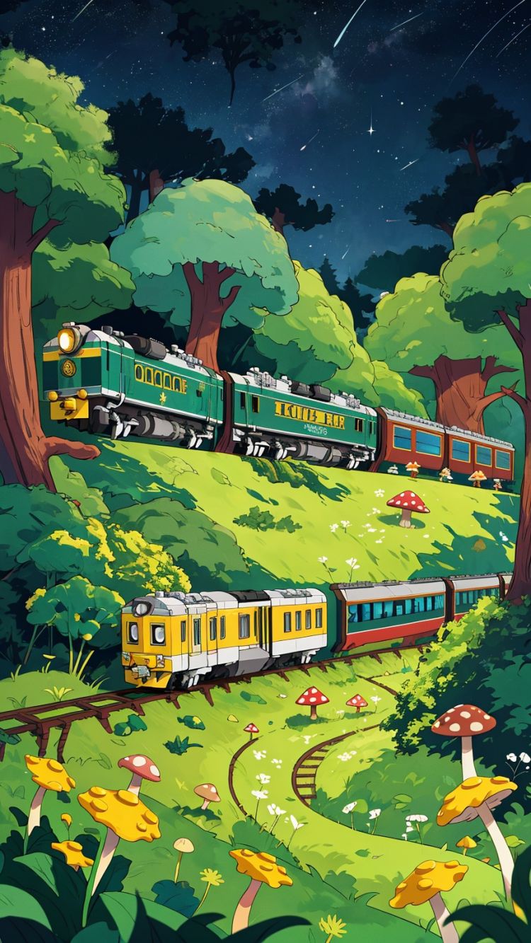 Lego, train through the forest, night, dandelions, mushrooms, grass, stars around,BJ_Lego bricks,fansty world, by Quentin Blake