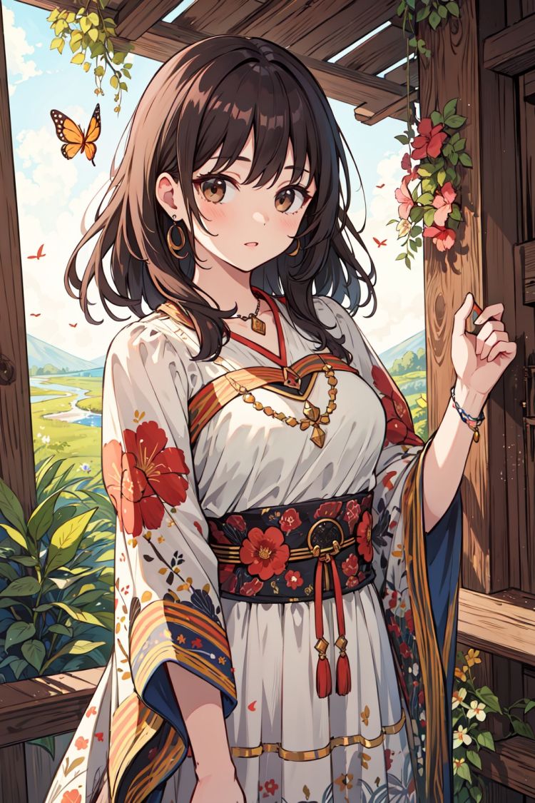 (masterpiece:1.4),(best quality:1.4),(ultra-detailed:1.2),high quality,highres,ultra high res,extremely detailed. BREAK, illsutration of a girl, bohemian style, flowing dresses, layered clothing, earthy colors, fringe accessories, ethnic prints, natural fabrics, artistic designs,cgart firefly