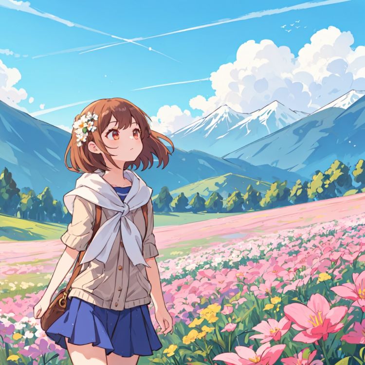 (masterpiece, ultra detailed), a girl walking along flower field in a sunny shiny day, Looking up at the sky, There are mountains in the distance