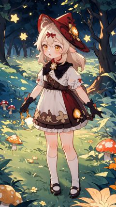 1 Girl, Trumpet, Bubble, Forest in Bubble, Meadow, Mushroom, Night, Surrounded by Shining Stars, Masterpiece, Illustrated, Extremely Delicate and Beautiful, Very Detailed, CG, Amazing, Fine Detail, Masterpiece, Best Quality, Official Art,starlight,klee (genshin impact),klee-ex