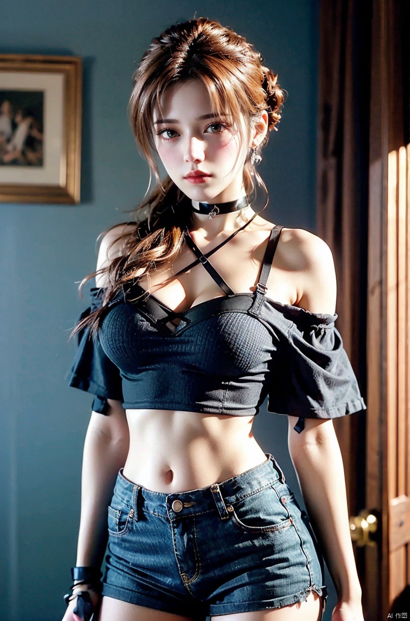  nai3, 1girl, shorts, solo, crop top, black shorts, choker, navel, shirt, midriff, crop top overhang, looking at viewer, white shirt, jewelry, breasts, cowboy shot, bare shoulders, short shorts, off-shoulder shirt, off shoulder, black choker, thighs, stomach, hand on own thigh, long hair, bracelet, short sleeves, ribbon, hand up, collarbone, hair ribbon, medium breasts, standing, high-waist shorts, dolphin shorts, bra strap, closed mouth, hair ornament, thigh gap, bangs, necklace, expressionless,,brown hair,zhennite