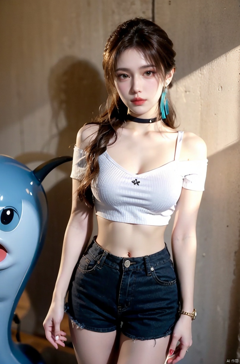  nai3, 1girl, shorts, solo, crop top, black shorts, choker, navel, shirt, midriff, crop top overhang, looking at viewer, white shirt, jewelry, breasts, cowboy shot, bare shoulders, short shorts, off-shoulder shirt, off shoulder, black choker, thighs, stomach, hand on own thigh, long hair, bracelet, short sleeves, ribbon, hand up, collarbone, hair ribbon, medium breasts, standing, high-waist shorts, dolphin shorts, bra strap, closed mouth, hair ornament, thigh gap, bangs, necklace, expressionless,,brown hair,zhennite