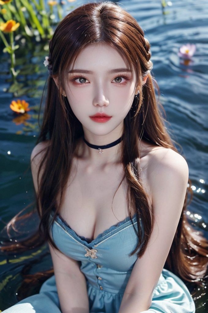 HDR, UHD, 8K, Highly detailed, best quality, masterpiece, 1girl, realistic, Highly detailed, (EOS R8, 50mm, F1.2, 8K, RAW photo:1.2), ultra realistic 8k cg,1 girl, solo focus,peafect body,Long hair,,Hair over shoulder,very long hair,shiny hair,floating hair,Bright eyes,big eyes,detailed eyes,beautiful eyes,hair ornament,hair flower,choker,frilled dress with lace,long dress,pleated dress,[loli],,outdoors,water,flower,sitting in the ((sea of flowers)), flower field,meadow,beautiful detailed sky,feather,nature,(sunlight),  skirt up,AGM,moist skin, shiny skin, glossy skin, (best illumination, best shadow, extremely delicate and beautiful), perfect lighting,  dynamic angle, floating,depth of field, caustics,lens flare,warm lighting,(official art,beautiful and aesthetic:1.2),beautiful face, ultra detailed eyes, ,zhennite