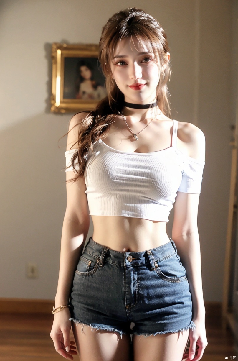  nai3, 1girl, shorts, solo, crop top, black shorts, choker, navel, shirt, midriff, crop top overhang, looking at viewer, white shirt, jewelry, breasts, cowboy shot, bare shoulders, short shorts, off-shoulder shirt, off shoulder, black choker, thighs, stomach, hand on own thigh, long hair, bracelet, short sleeves, ribbon, hand up, collarbone, hair ribbon, medium breasts, standing, high-waist shorts, dolphin shorts, bra strap, closed mouth, hair ornament, thigh gap, bangs, necklace, expressionless,,brown hair,zhennite,long_hair,kind smile,