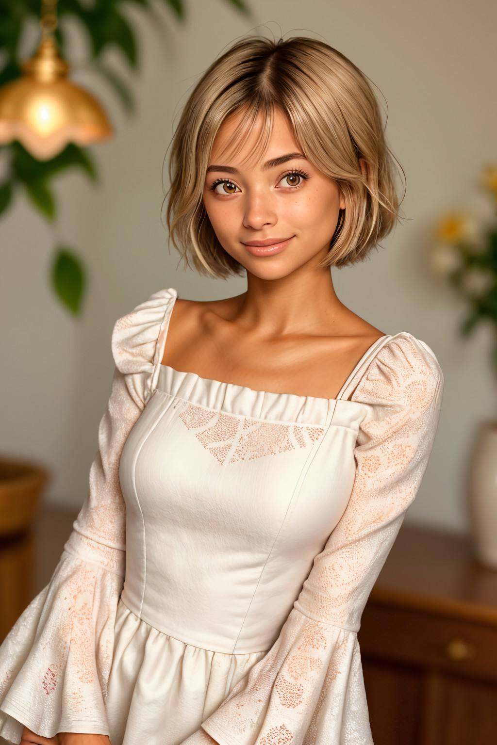 upper body FranceskaFournier glamour photography young invisible makeup,  focus on smiling face,  wearing a bell sleeve dr...