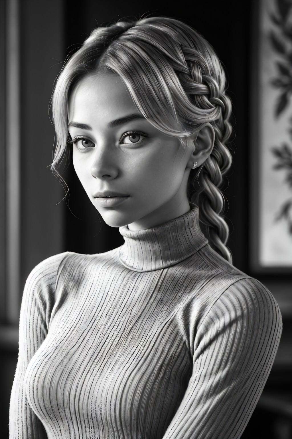 upper body FranceskaFournier glamour photography young invisible makeup,  focus on face,  wearing a turtleneck on Tensor.Art