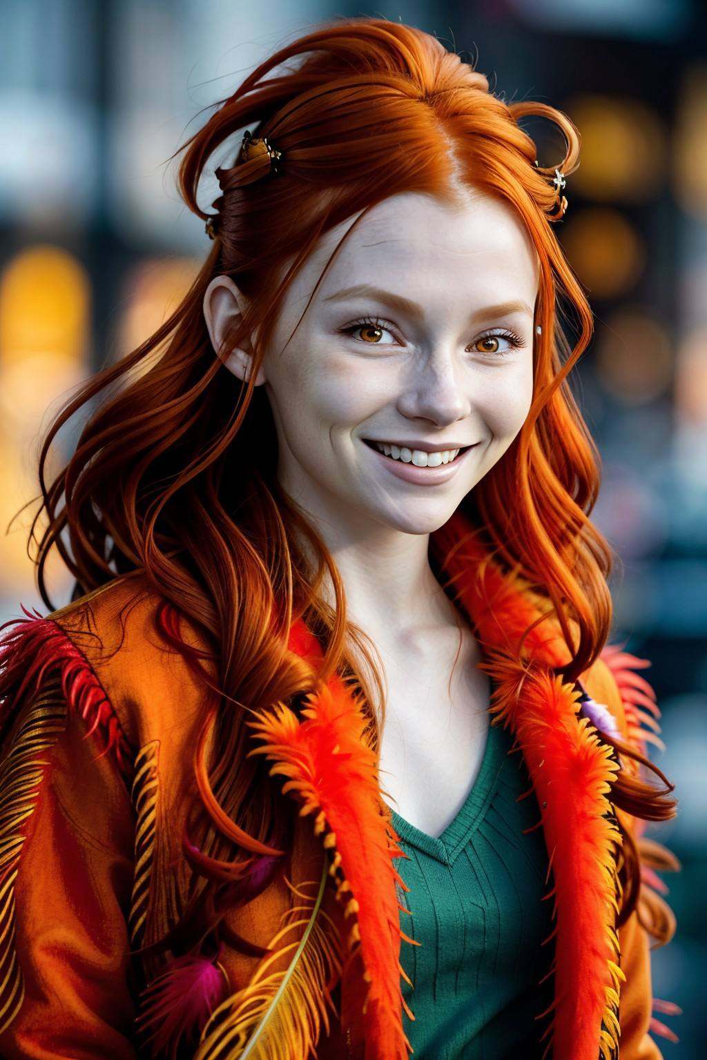 half-body photo of ChandlerLovelle with red orange hair,  focus on smiling face,  wearing a feather jacket on Tensor.Art