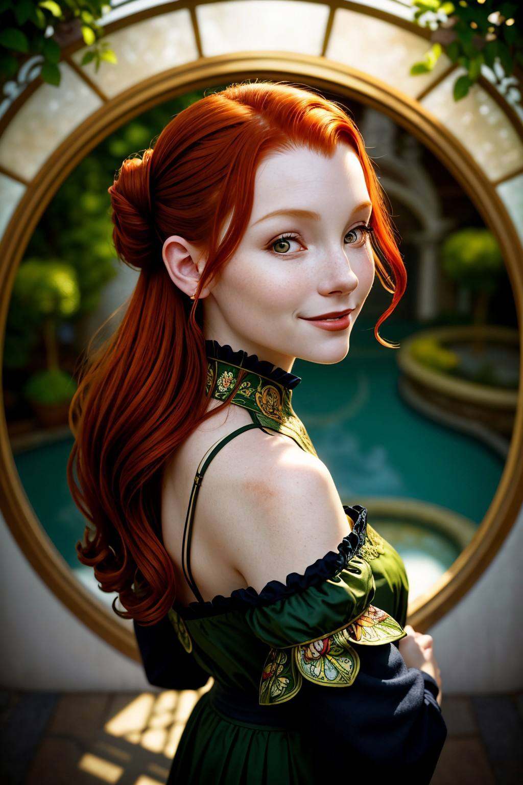 ChandlerLovelle with long red hair,  smiling,  from behind on Tensor.Art