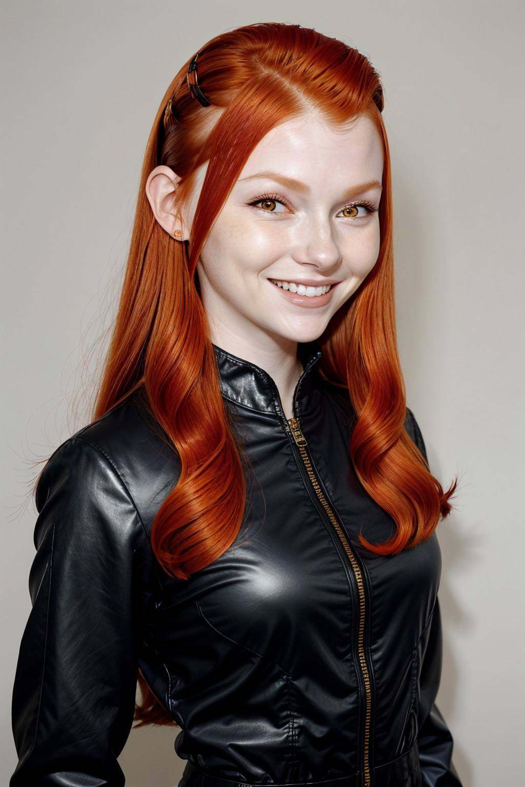 close range photo of ChandlerLovelle with red orange hair,  focus on smiling face,  wearing a pant suit on Tensor.Art