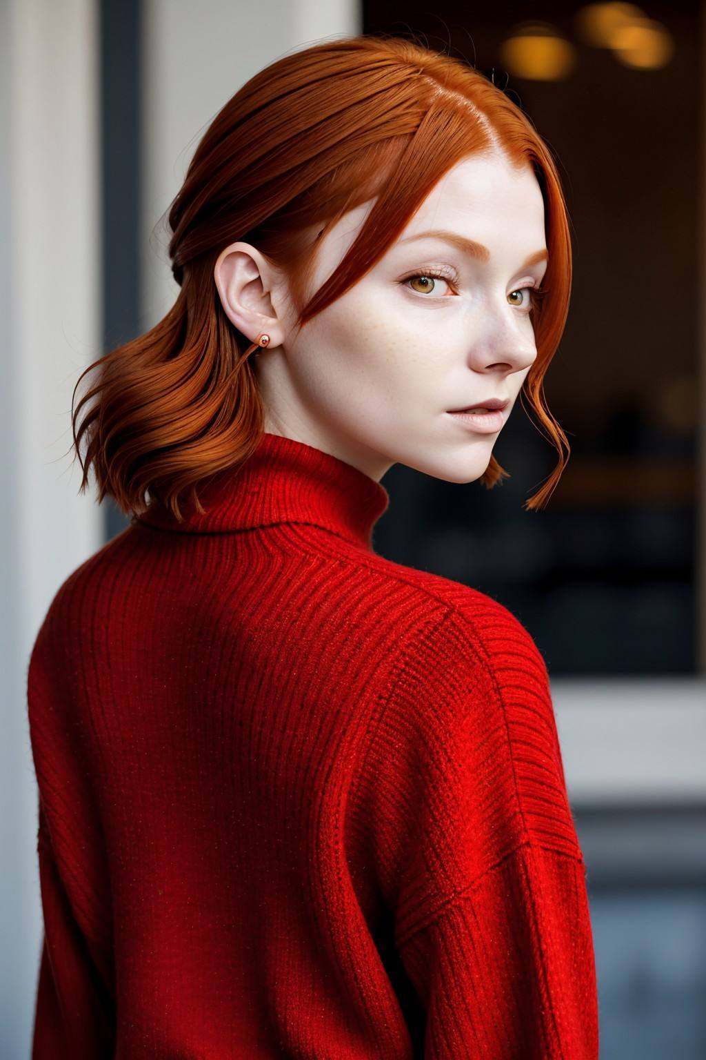 headshot photo of ChandlerLovelle with red orange hair,  focus on face,  from behind wearing a thin sweater on Tensor.Art