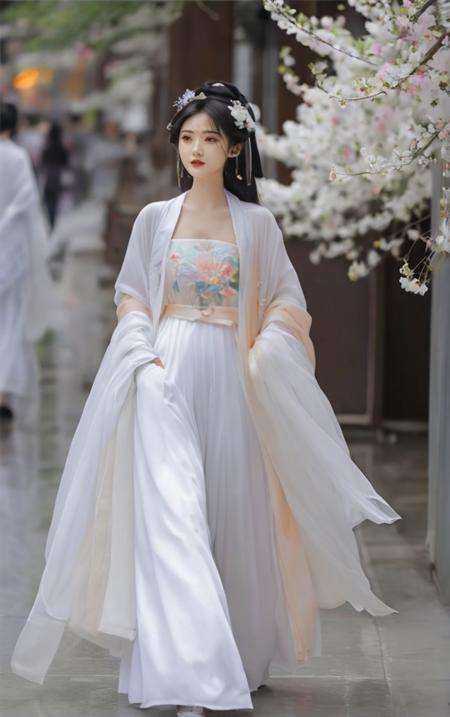masterpiece, best quality1girl, black hair, daxiushan, daxiushan style, solo,flower,  white  clothes, walking on the street,<lora:daxiushan_SDXL-000003:0.75>