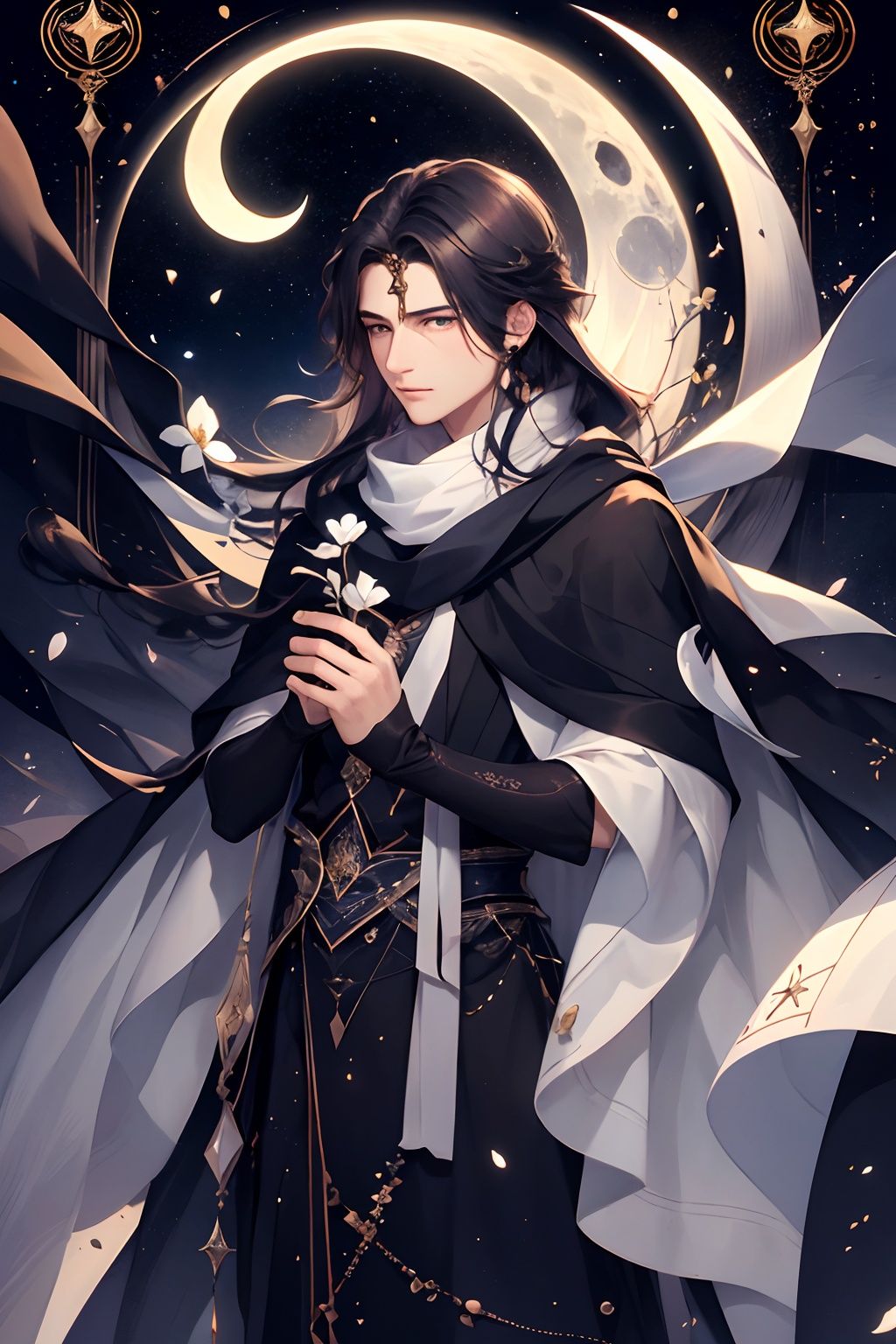 qztarot, solo, long hair, 1boy, scarf, moon, flower, 1girl, male focus, Tarot card
