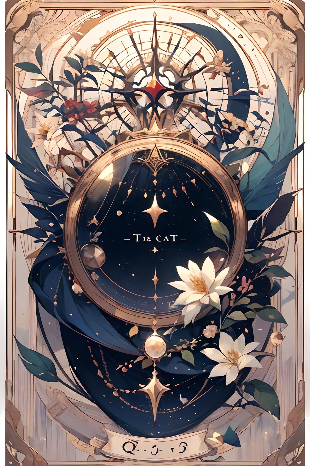 qztarot, tarot, flower, english text, no humans, roman numeral, card \(medium\), food, fruit, Tarot card