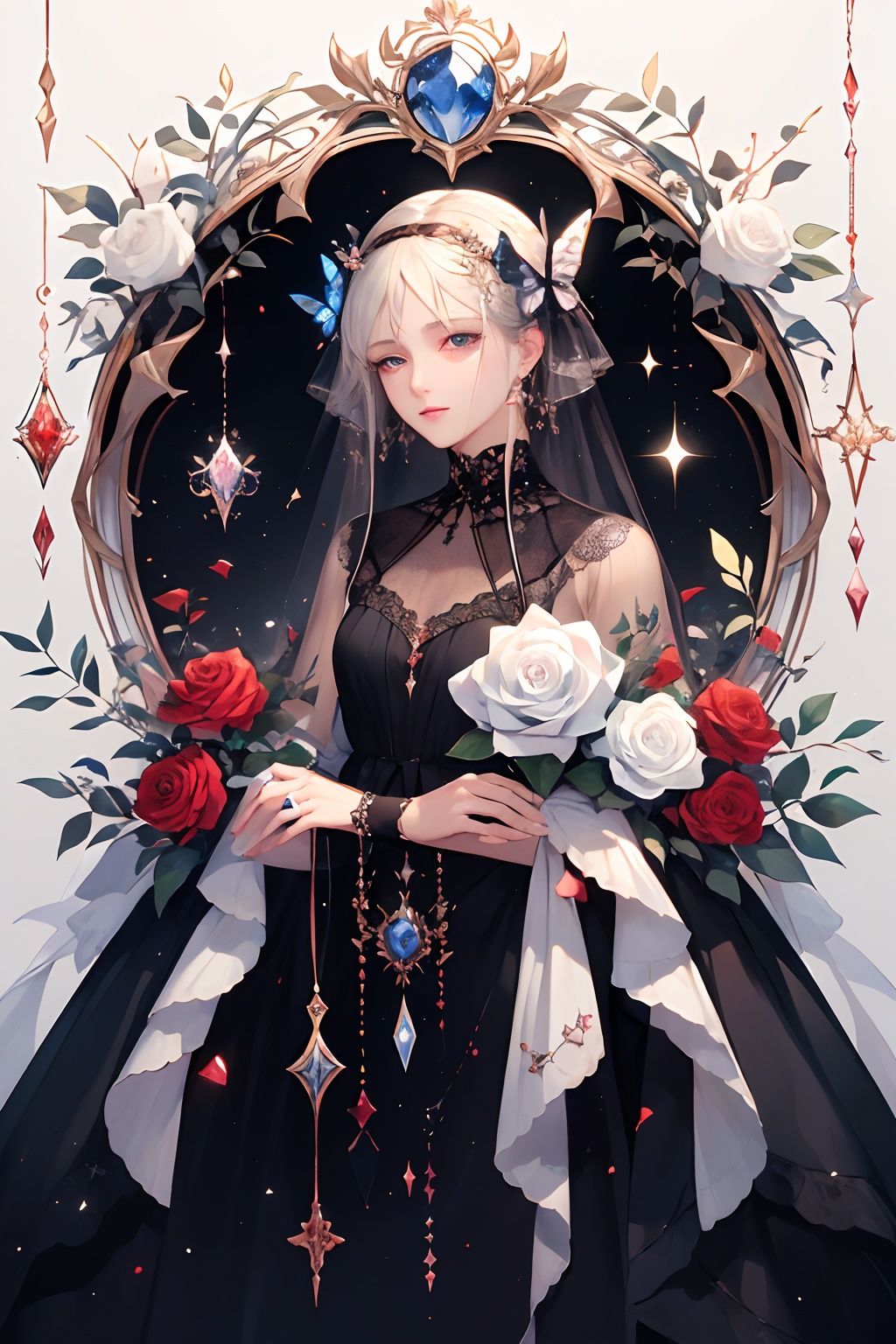 qztarot, flower, red flower, rose, no humans, red rose, gem, crystal, white flower, solo, thorns, sparkle, white rose, red gemstone, black background, bug, butterfly, Tarot card