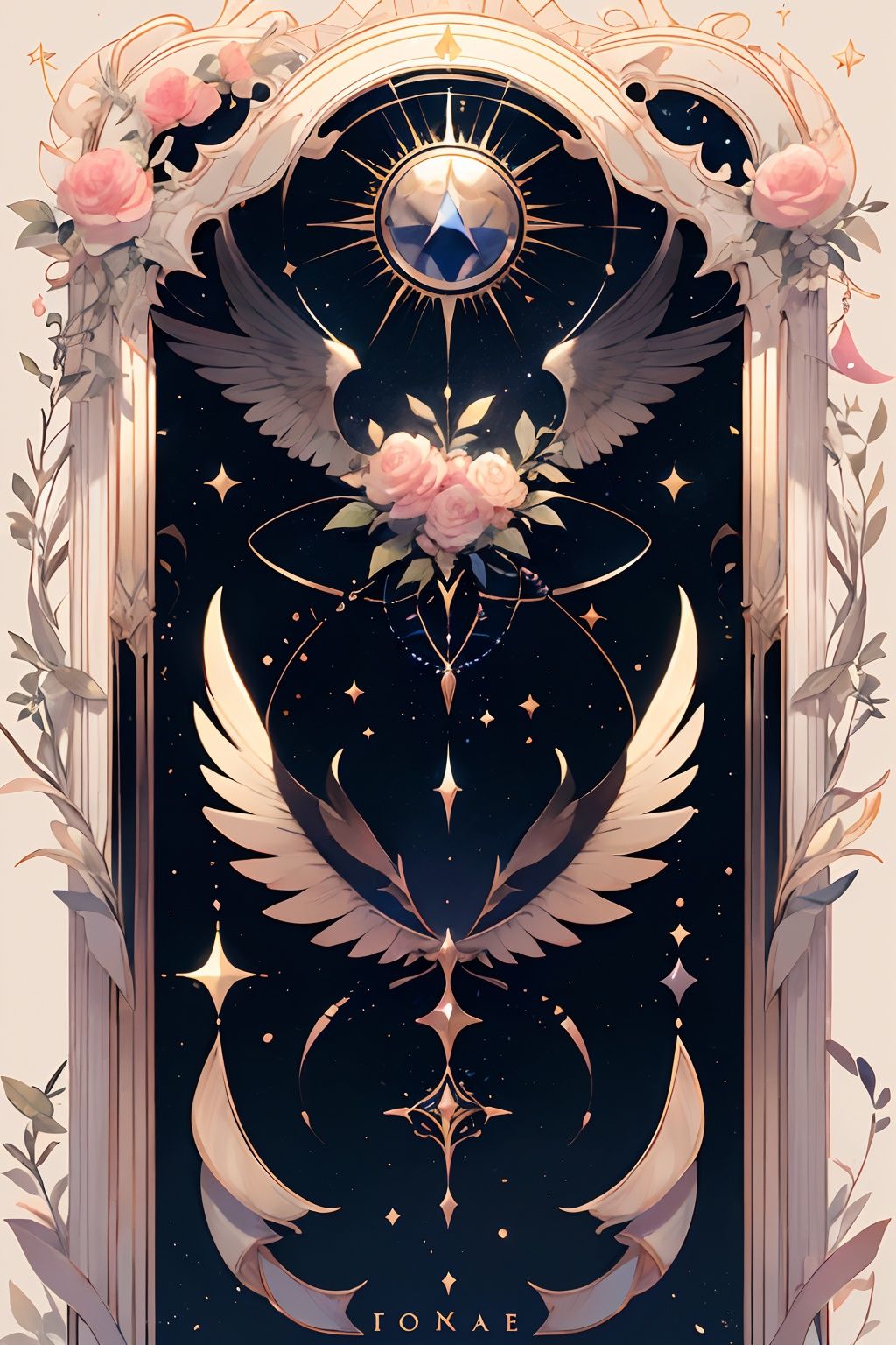 qztarot, flower, no humans, heart, solo, sparkle, pink flower, closed eyes, wings, Tarot card