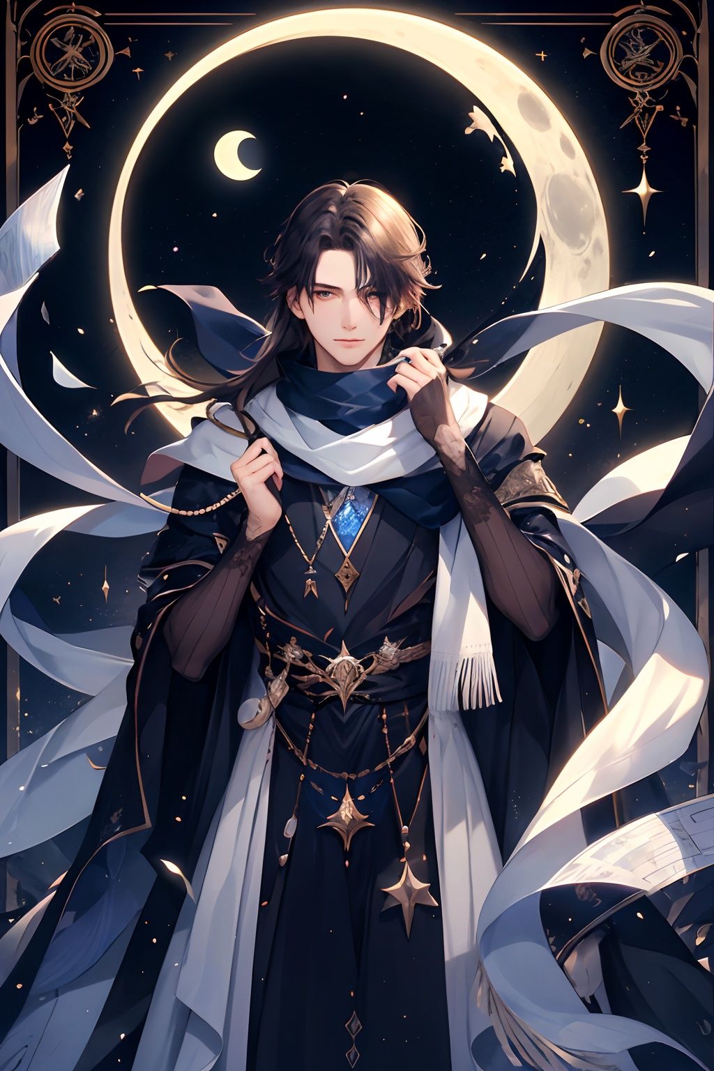 qztarot, solo, long hair, 1boy, scarf, moon, flower, 1girl, male focus, Tarot card