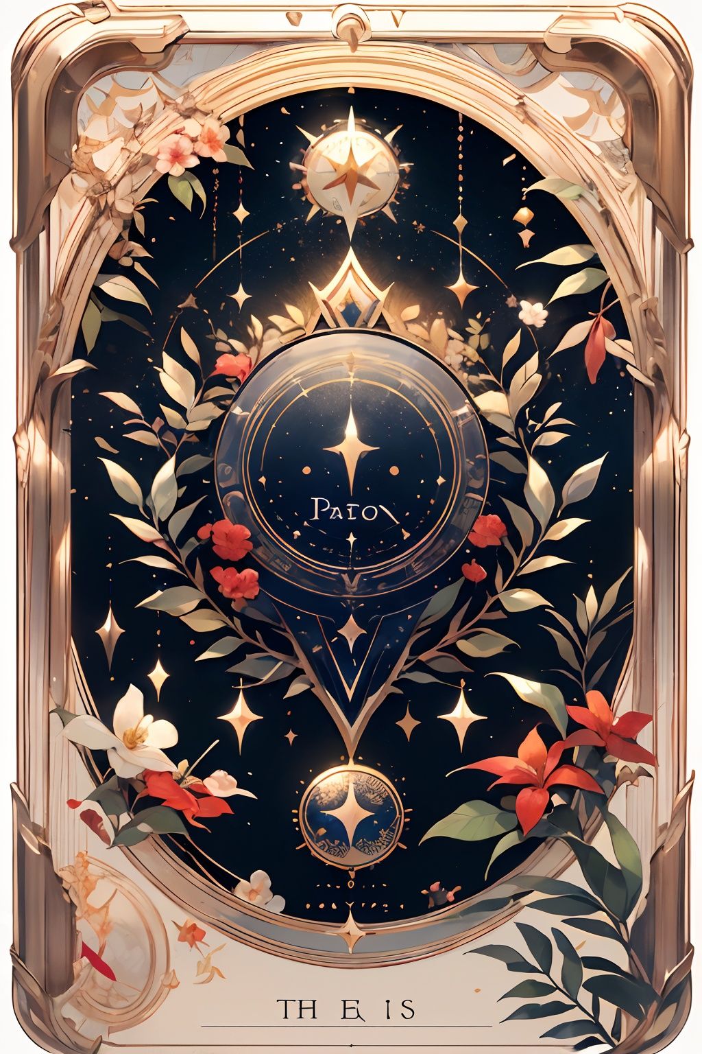qztarot, tarot, flower, english text, no humans, roman numeral, card \(medium\), food, fruit, Tarot card
