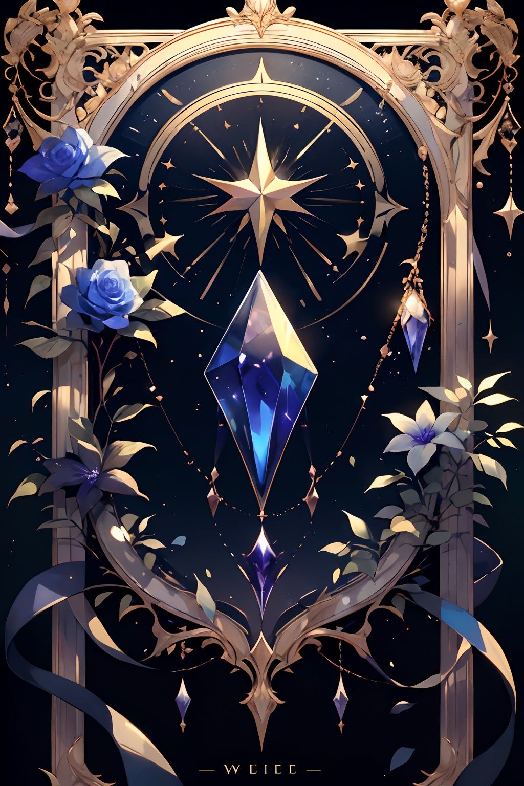 qztarot, no humans, flower, crystal, gem, still life, black background, blue flower, leaf, Tarot card
