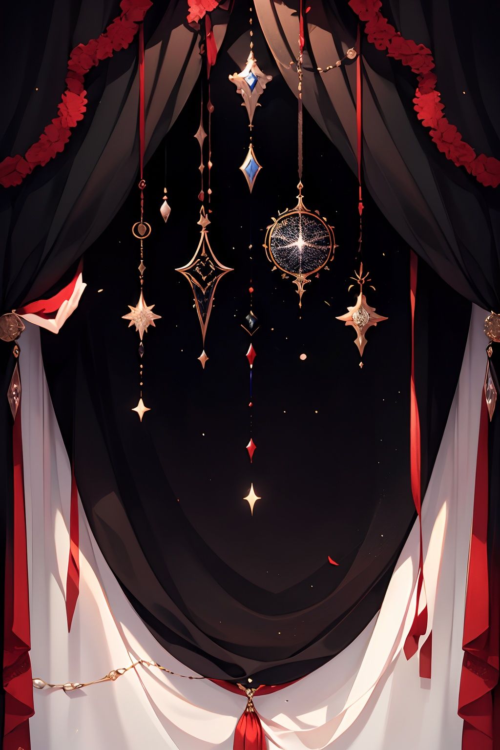 qztarot, flower, curtains, red theme, no humans, red flower, solo, black background, Tarot card